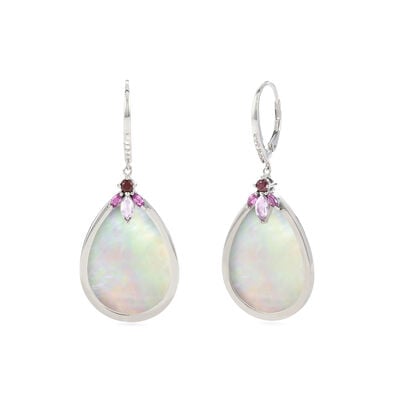 Mother of Pearl White Topaz Garnet and Rhodolite Necklace in Sterling Silver